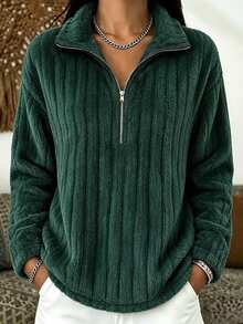 Holdful Holdful Women's Vertical Striped Half-Zip Fleece Pullover Top, Loose Lazy Fit Long Sleeve Fuzzy Sweater, Suitable For Daily Commute, Thanksgiving, Christmas - Army Green - View 5