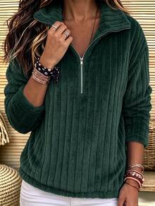 Holdful Holdful Women's Vertical Striped Half-Zip Fleece Pullover Top, Loose Lazy Fit Long Sleeve Fuzzy Sweater, Suitable For Daily Commute, Thanksgiving, Christmas - Army Green - View 6