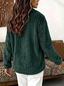 Holdful Holdful Women's Vertical Striped Half-Zip Fleece Pullover Top, Loose Lazy Fit Long Sleeve Fuzzy Sweater, Suitable For Daily Commute, Thanksgiving, Christmas - Army Green - View 2