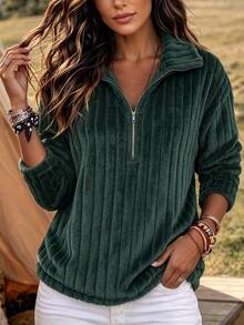 Holdful Holdful Women's Vertical Striped Half-Zip Fleece Pullover Top, Loose Lazy Fit Long Sleeve Fuzzy Sweater, Suitable For Daily Commute, Thanksgiving, Christmas - Army Green - View 1