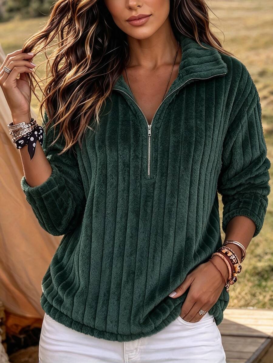 Holdful Holdful Women's Vertical Striped Half-Zip Fleece Pullover Top, Loose Lazy Fit Long Sleeve Fuzzy Sweater, Suitable For Daily Commute, Thanksgiving, Christmas - Army Green - View 1