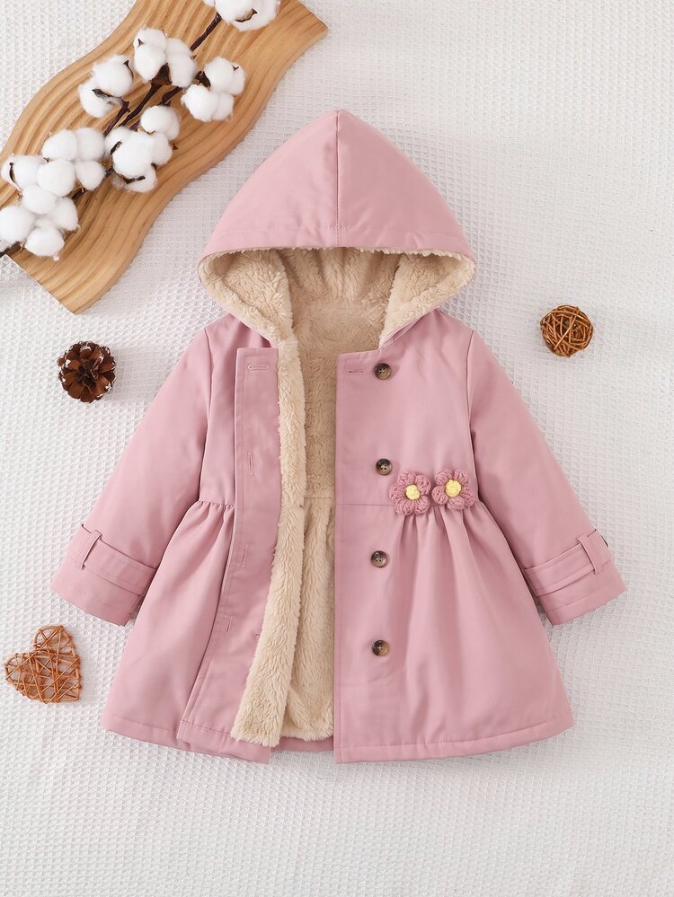SHEIN Baby Girl Thermal Lined Composite Hooded Waist-Cinching Floral Ruched Mid-Length Winter Coat - Pink - View 7