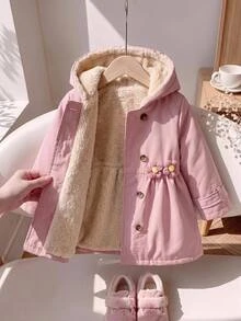 SHEIN 女嬰保暖內裡複合材質連帽收腰花卉抓皺中長版冬季外套 - 粉色 - 查看 1