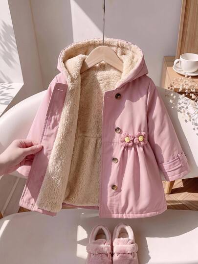 SHEIN Baby Girl Thermal Lined Composite Hooded Waist-Cinching Floral Ruched Mid-Length Winter Coat