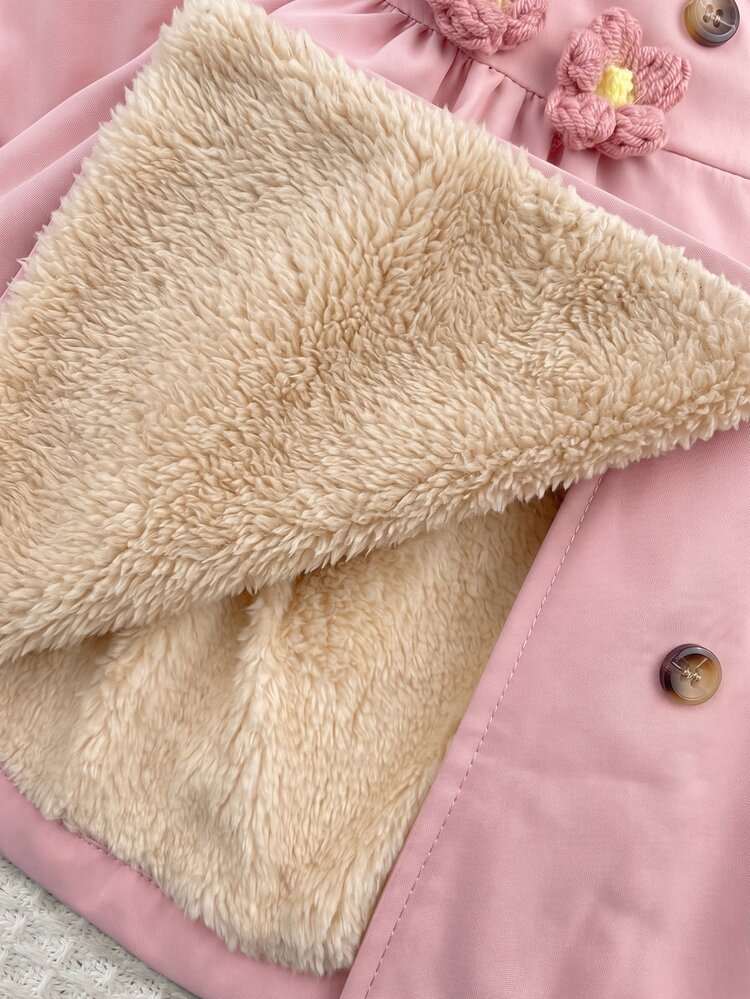 SHEIN Baby Girl Thermal Lined Composite Hooded Waist-Cinching Floral Ruched Mid-Length Winter Coat - Pink - View 4