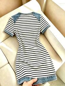 Franclia [Denim Effect] Denim Effect Patchwork Black & White Striped Summer Dress For Women, New Denim Effect Digital Print Striped Niche Design Short Sleeve Dress - Multicolor - View 2