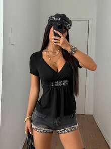StreetHx Women's Solid Color Waist-Cinched Flare Hem Short Sleeve T-Shirt, Summer - Black - View 1