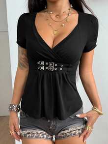 StreetHx Women's Solid Color Waist-Cinched Flare Hem Short Sleeve T-Shirt, Summer - Black - View 5
