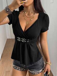 StreetHx Women's Solid Color Waist-Cinched Flare Hem Short Sleeve T-Shirt, Summer - Black - View 3
