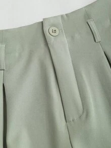 SHEIN LUNE 大尺碼女款鼠尾草綠高腰百褶寬腿褲，鈕扣門襟、後腰鬆緊帶，垂墜寬鬆長褲，優雅正式辦公休閒秋季款 - 彩色 - 查看 5