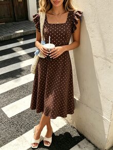 SHEIN PariChic 復古深棕色配白色波點方領女款洋裝，高腰收腰顯身材，荷葉袖，中長裙，大裙擺，茶洋裝，夏季新品，優雅溫柔，通勤百搭，青春感 A 字長洋裝 - 彩色 - 查看 7