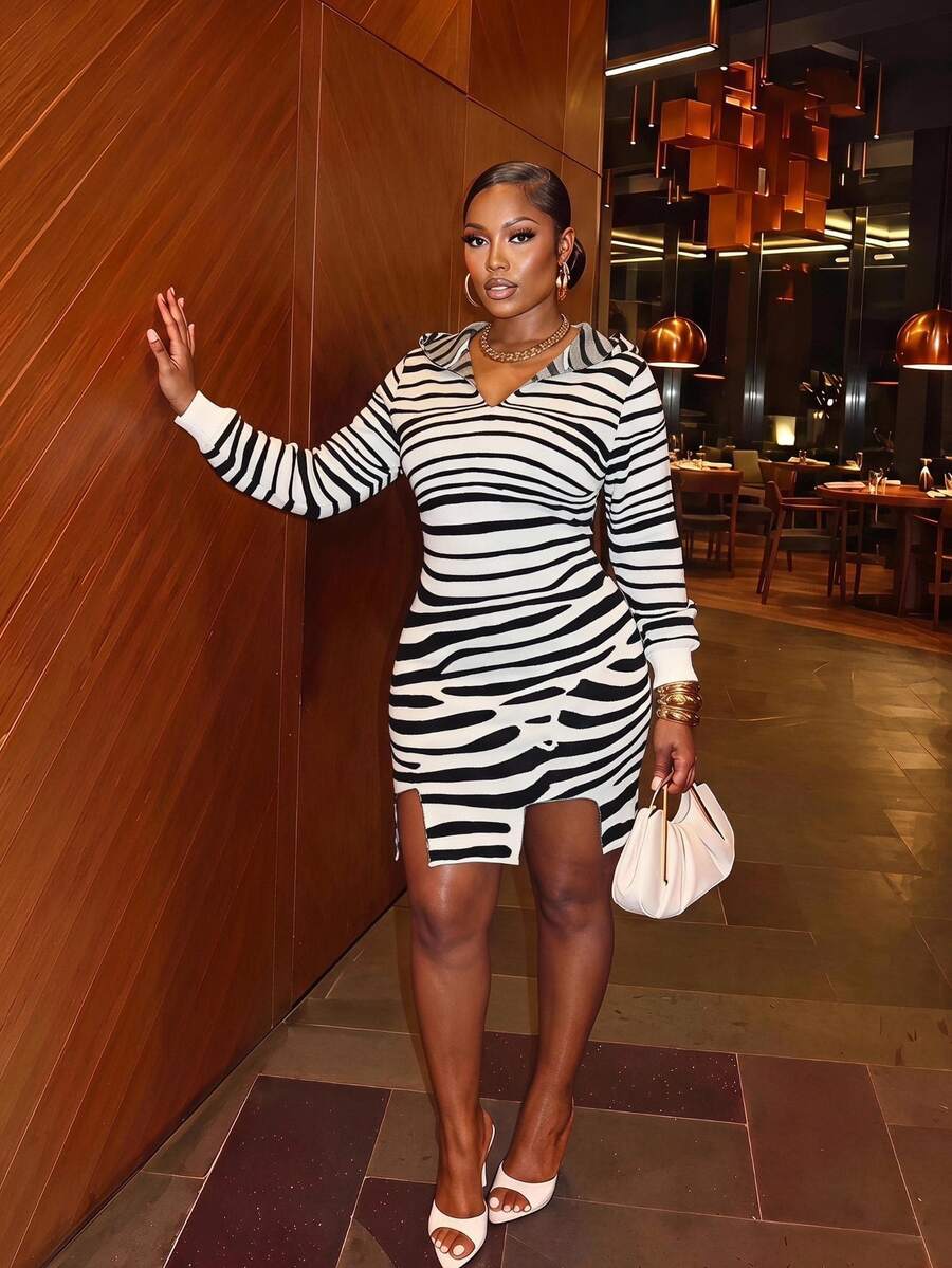 Veslaya Women's Plus Size Striped Hooded Knit Sweater Dress - Multicolor - View 1