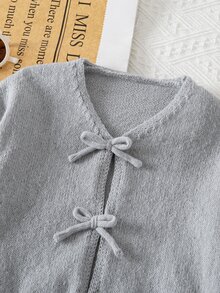 女童兩件套，附蝴蝶結針織長袖開襟衫與針織寬腿長褲，適合秋冬、聖誕節、返校穿搭，女童針織套裝，藍色針織套裝 - 淺灰色 - 查看 5