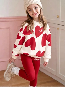 Sweet Oat Color Set, Abstract Geometric Heart Pattern Print, Tween Girl Casual Comfortable Soft Warm Crew Neck Long Sleeve Sweatshirt & Leggings, Suitable For Autumn/Winter Daily Wear, Maillard Color Palette, Holiday, Cozy Season - White - View 6