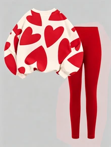Sweet Oat Color Set, Abstract Geometric Heart Pattern Print, Tween Girl Casual Comfortable Soft Warm Crew Neck Long Sleeve Sweatshirt & Leggings, Suitable For Autumn/Winter Daily Wear, Maillard Color Palette, Holiday, Cozy Season - White - View 5