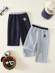 SHEIN Baby Boy Autumn/Winter 2pcs Thermal Lined Thickened Contrast Waistband Casual Versatile Sweatpants - Multicolor - View 5