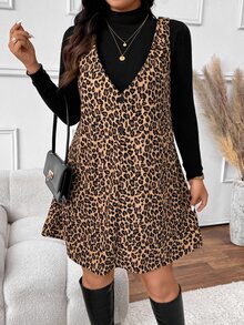 SHEIN Frenchy 2 件女式加大码套装：高领长袖简约上衣和豹纹连衣裙 - 彩色 - 查看 4