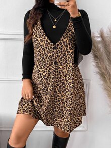 SHEIN Frenchy 2 件女式加大码套装：高领长袖简约上衣和豹纹连衣裙 - 彩色 - 查看 3