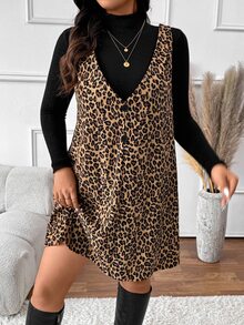 SHEIN Frenchy 2 件女式加大码套装：高领长袖简约上衣和豹纹连衣裙 - 彩色 - 查看 7