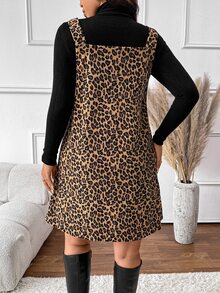SHEIN Frenchy 2 件女式加大码套装：高领长袖简约上衣和豹纹连衣裙 - 彩色 - 查看 2