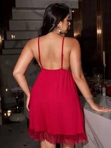 SHEIN Plus Size Sexy Lace Pure Milk Silk Mesh Patchwork Sling Nightgown - Burgundy - View 2