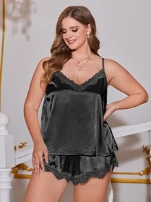 SilkySpell Plus Lace Trim Satin Cami Top & Shorts PJ Set / Pajama Set - Black - View 1