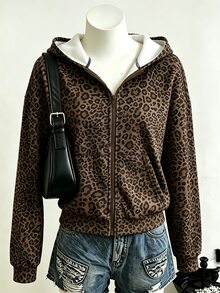 SHEIN 青少年女孩豹紋拉鍊運動衫，休閒落肩寬鬆版型口袋外套，Y2K高街風秋冬時尚外套 - 棕色 - 查看 2