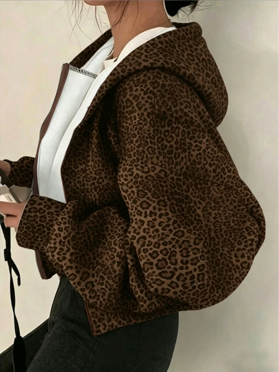 SHEIN 青少年女孩豹紋拉鍊運動衫,休閒落肩寬鬆版型口袋外套,Y2K高街風秋冬時尚外套 - 棕色 - 查看 1