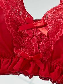 Sexy Lingerie Set Featuring Mesh, Lace V-Neck Camisole And Shorts - Burgundy - View 7