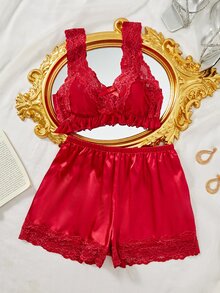 Sexy Lingerie Set Featuring Mesh, Lace V-Neck Camisole And Shorts - Burgundy - View 3