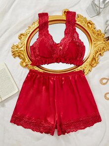Sexy Lingerie Set Featuring Mesh, Lace V-Neck Camisole And Shorts - Burgundy - View 6