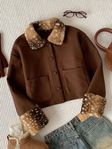 Comfortcana Winter Christmas Vintage Faux Fur Deer Print Woolen Jacket For WomenChic Brown Coat For Date Night - Brown - View 7