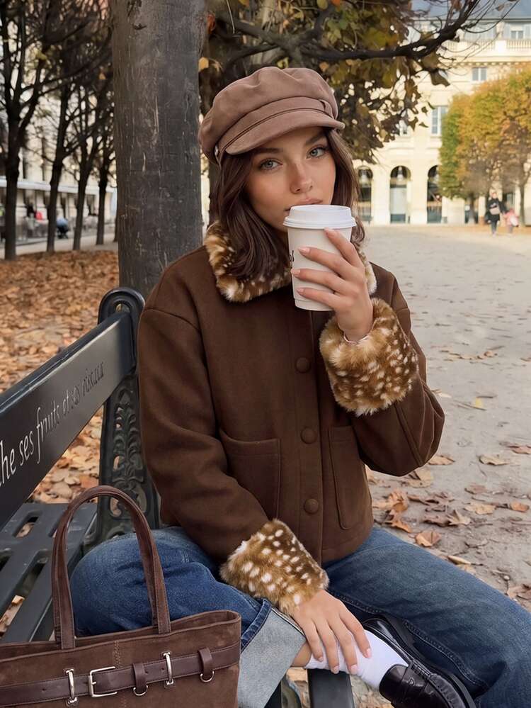 Comfortcana Winter Christmas Vintage Faux Fur Deer Print Woolen Jacket For WomenChic Brown Coat For Date Night - Brown - View 3
