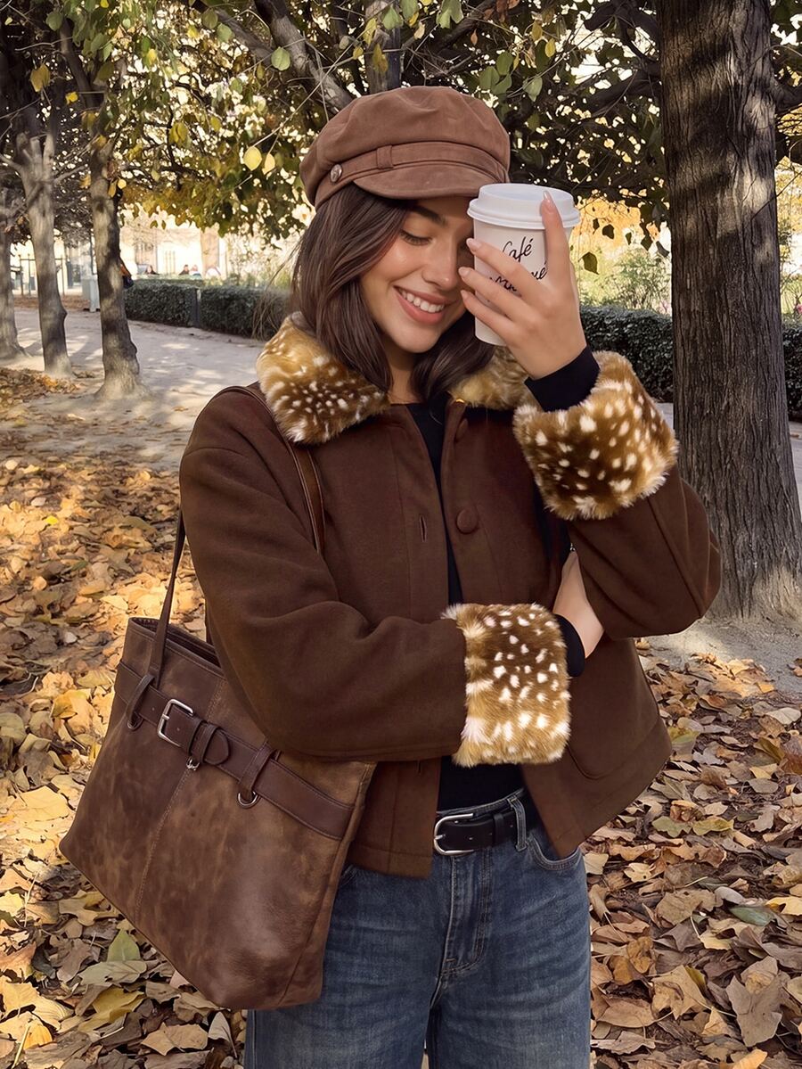 Comfortcana Winter Christmas Vintage Faux Fur Deer Print Woolen Jacket For WomenChic Brown Coat For Date Night - Brown - View 1