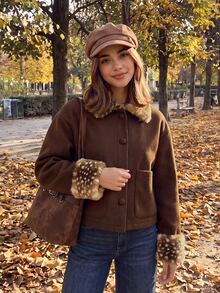 Comfortcana Winter Christmas Vintage Faux Fur Deer Print Woolen Jacket For WomenChic Brown Coat For Date Night - Brown - View 4