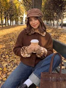 Comfortcana Winter Christmas Vintage Faux Fur Deer Print Woolen Jacket For WomenChic Brown Coat For Date Night - Brown - View 5