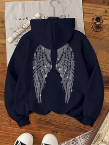 SHEIN [印花設計] 女款水鑽翅膀圖案休閒衛衣，秋冬款 - 藏蓝色 - 查看 1