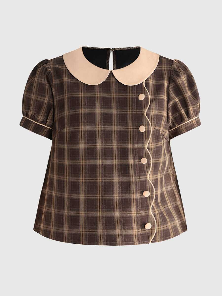 ROMWE Kawaii Autumn/Winter Cute Brown Plaid A-Line Doll Style Shirt For ...