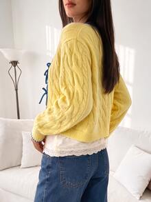 Comfortcana Fall Winter Coquette Style Cardigan For Date Night Featuring Blue Bows And Cable Knit In Yellow Cont - Yellow - View 3
