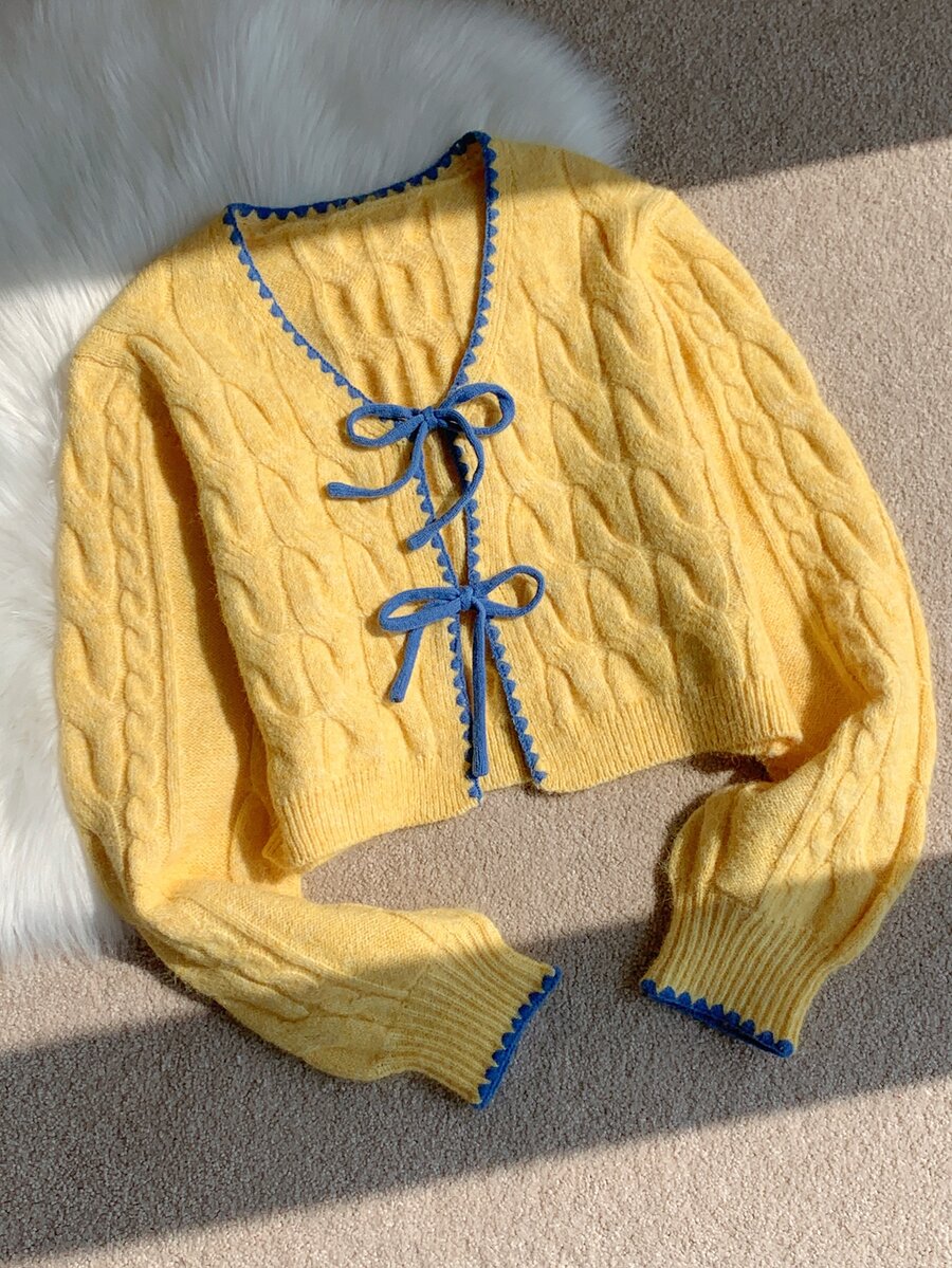 Comfortcana Fall Winter Coquette Style Cardigan For Date Night Featuring Blue Bows And Cable Knit In Yellow Cont - Yellow - View 1