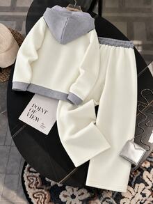 SHEIN Sparklyn 女童保暖內裡奶油白小馬圖案拼接灰色連帽拉鍊運動衫，附袋鼠口袋與寬腿長褲，2件套休閒運動套裝，適合前青春期女孩學生 - 白色 - 查看 3