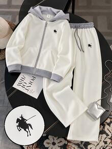SHEIN Sparklyn 女童保暖內裡奶油白小馬圖案拼接灰色連帽拉鍊運動衫，附袋鼠口袋與寬腿長褲，2件套休閒運動套裝，適合前青春期女孩學生 - 白色 - 查看 2