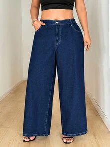 GlowEve CURVE Plus Size Women's Washed Button-Down Shirt And Loose Long Pants Denim Two Pieces Set, Casual Fashion - Dark Wash - View 6