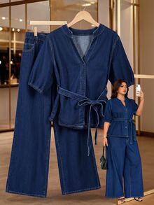 GlowEve CURVE Plus Size Women's Washed Button-Down Shirt And Loose Long Pants Denim Two Pieces Set, Casual Fashion - Dark Wash - View 1