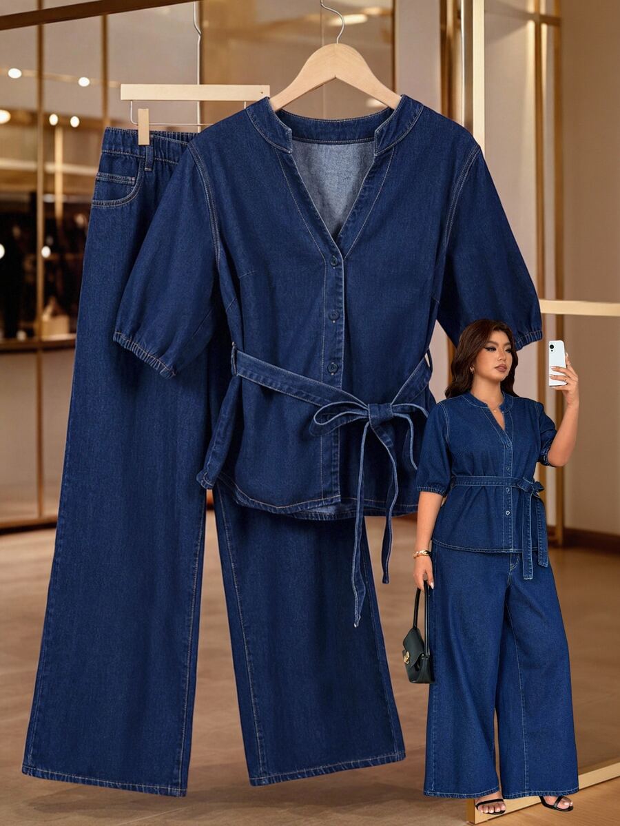 GlowEve CURVE Plus Size Women's Washed Button-Down Shirt And Loose Long Pants Denim Two Pieces Set, Casual Fashion - Dark Wash - View 1