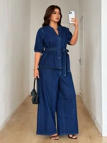 GlowEve CURVE Plus Size Women's Washed Button-Down Shirt And Loose Long Pants Denim Two Pieces Set, Casual Fashion - Dark Wash - View 5