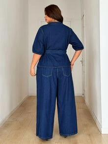 GlowEve CURVE Plus Size Women's Washed Button-Down Shirt And Loose Long Pants Denim Two Pieces Set, Casual Fashion - Dark Wash - View 2