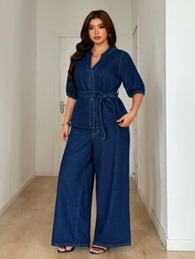 GlowEve CURVE Plus Size Women's Washed Button-Down Shirt And Loose Long Pants Denim Two Pieces Set, Casual Fashion - Dark Wash - View 3
