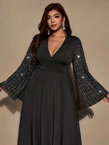 Velvienne Black Sequin Flutter Sleeve Chiffon Dress, Deep V-Neck, Cinched Waist, Evening Gown, Long Dress - Black - View 12