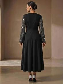 Velvienne Black Sequin Flutter Sleeve Chiffon Dress, Deep V-Neck, Cinched Waist, Evening Gown, Long Dress - Black - View 2